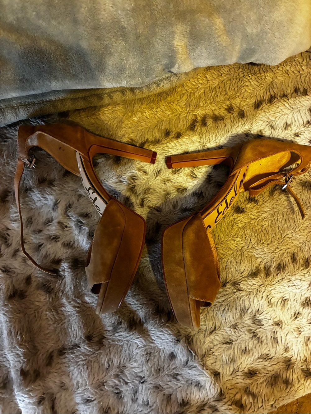 Sam Edelman Tan Suede Peep-Toe Ankle Strap Stiletto Heels- Size 7 1/2 - Picture 14 of 16